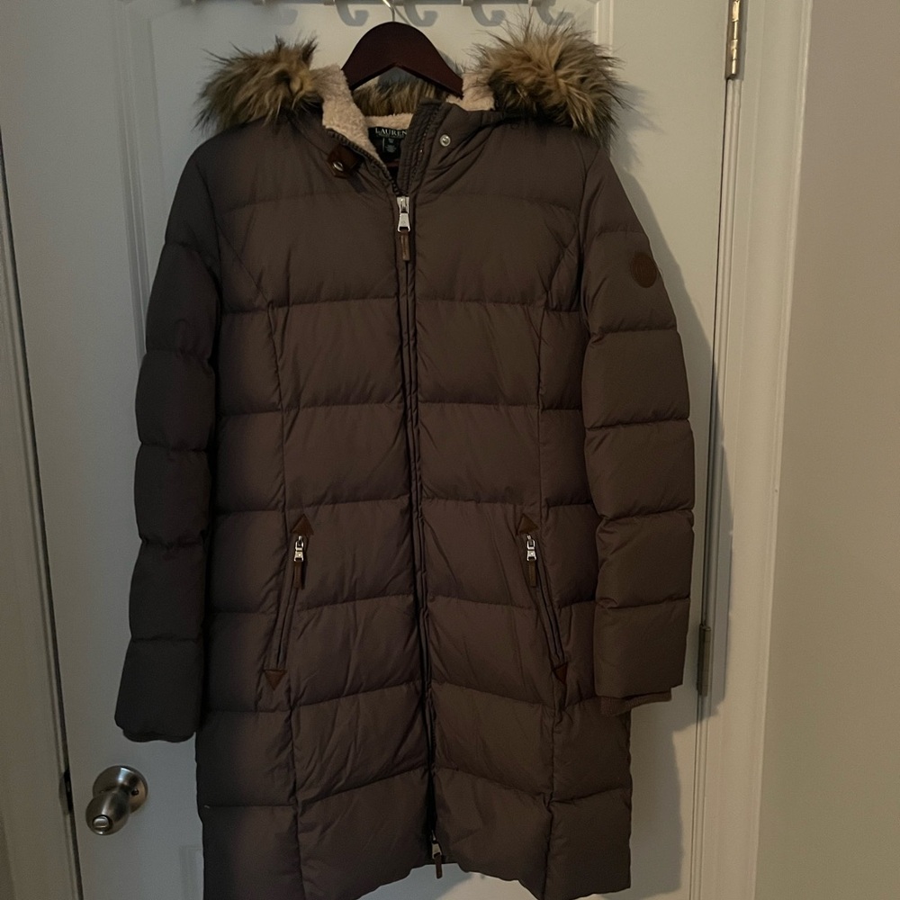 Ralph Lauren Dark Brown Puffer Jacket with Faux Fur Hood